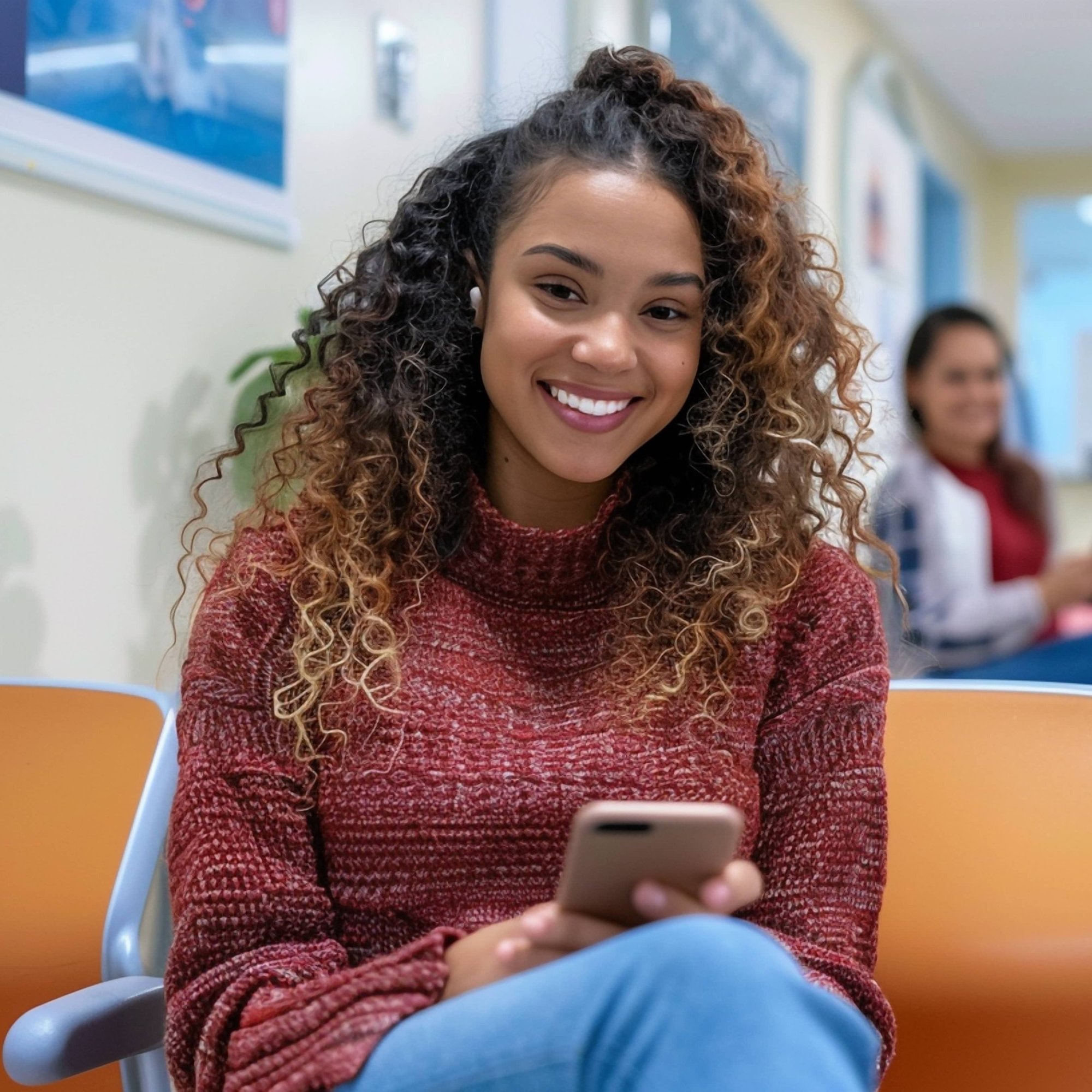 Young happy woman using smart phone in waiting room at doctors office _838731018-min-1