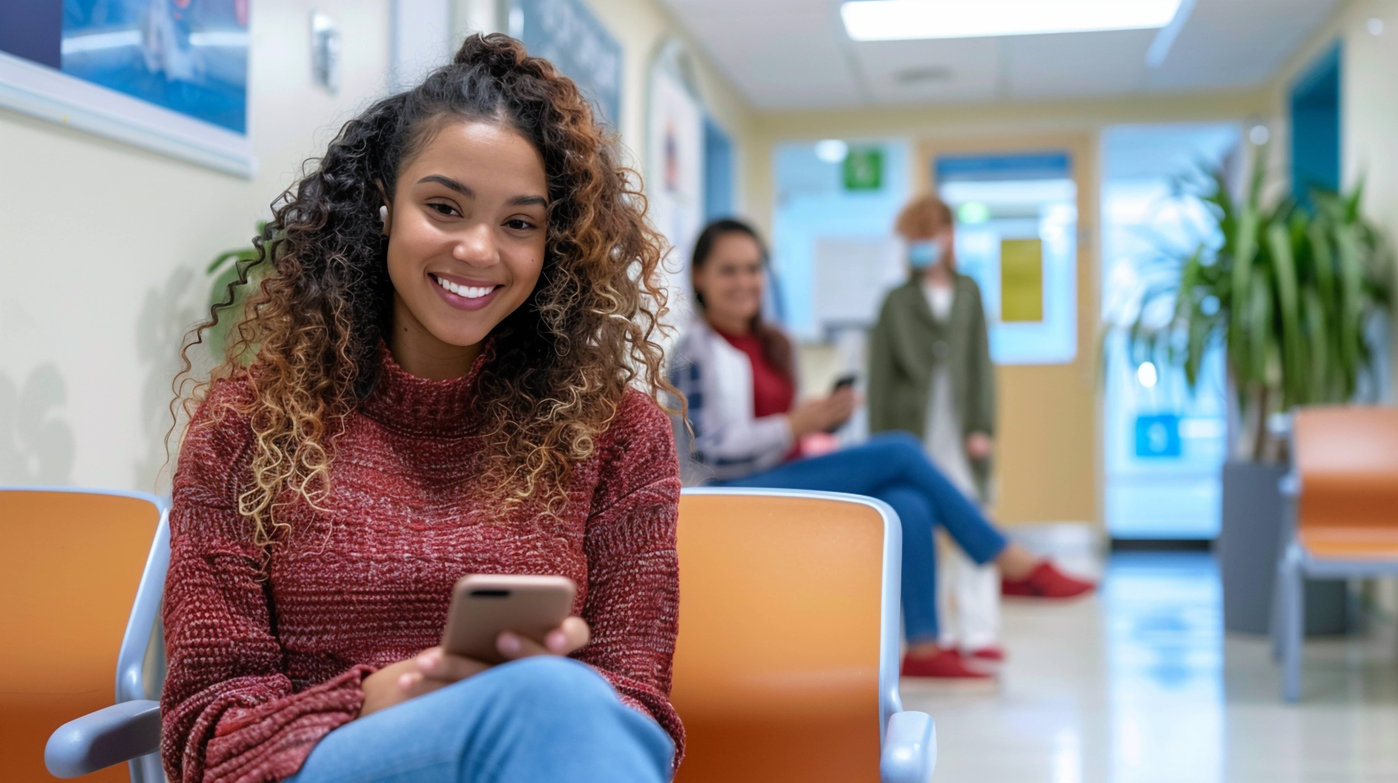 Young happy woman using smart phone in waiting room at doctors office _838731018-min